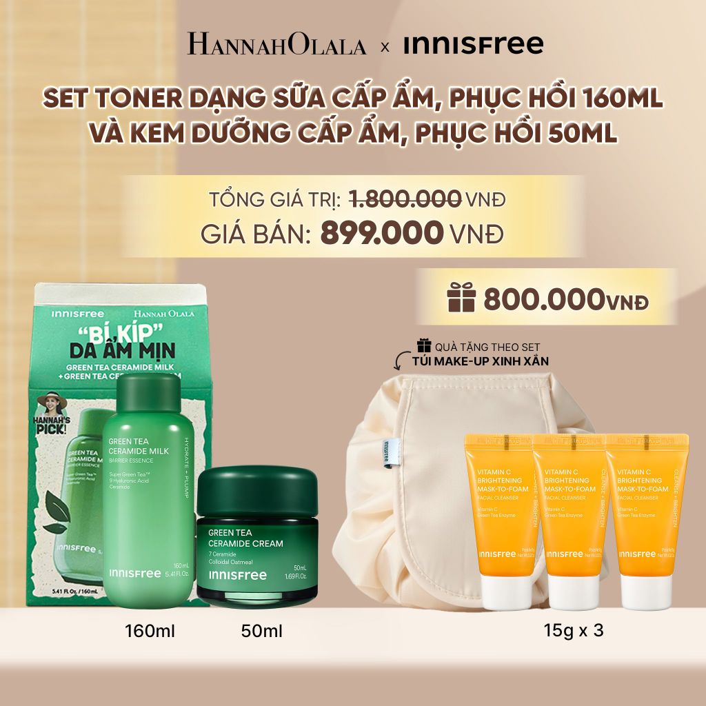  SET TONER DẠNG SỮA CẤP ẨM PHỤC HỒI INNISFREE GREEN TEA CERAMIDE MILK 160ML VÀ KEM DƯỠNG CẤP ẨM PHỤC HỒI INNISFREE GREEN TEA CERAMIDE CREAM 50ML - A530 
