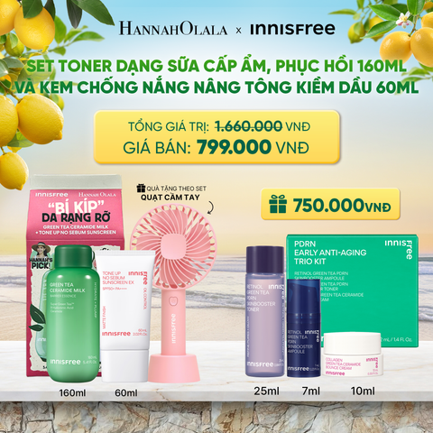  SET TONER DẠNG SỮA CẤP ẨM PHỤC HỒI INNISFREE GREEN TEA CERAMIDE MILK 160ML VÀ KEM CHỐNG NẮNG NÂNG TÔNG KIỀM DẦU INNISFREE TONE UP NO SEBUM EX SPF 50+ PA++++ 60 ML 