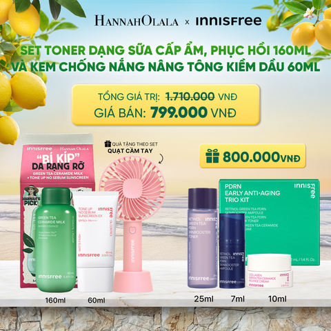  SET TONER DẠNG SỮA CẤP ẨM PHỤC HỒI INNISFREE GREEN TEA CERAMIDE MILK 160ML VÀ KEM CHỐNG NẮNG NÂNG TÔNG KIỀM DẦU INNISFREE TONE UP NO SEBUM EX SPF 50+ PA++++ 60 ML - A1975 