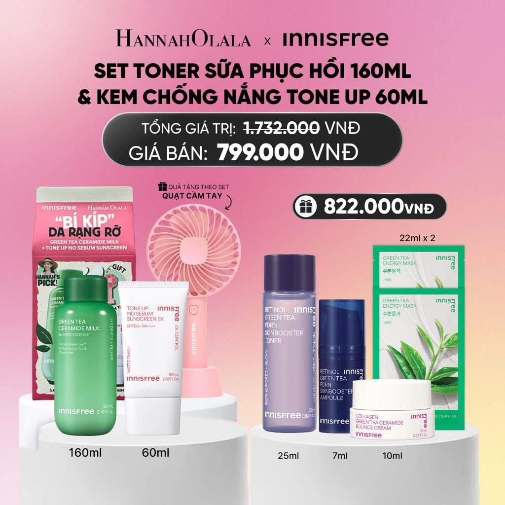  SET TONER DẠNG SỮA CẤP ẨM, PHỤC HỒI INNISFREE GREEN TEA CERAMIDE MILK 160ML VÀ KEM CHỐNG NẮNG NÂNG TÔNG KIỀM DẦU INNISFREE TONE UP NO SEBUM EX SPF 50+ PA++++ 60 ML_A1418 