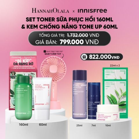  SET TONER DẠNG SỮA CẤP ẨM, PHỤC HỒI INNISFREE GREEN TEA CERAMIDE MILK 160ML VÀ KEM CHỐNG NẮNG NÂNG TÔNG KIỀM DẦU INNISFREE TONE UP NO SEBUM EX SPF 50+ PA++++ 60 ML_A1418 