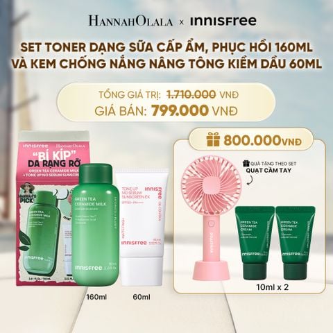  SET TONER DẠNG SỮA CẤP ẨM PHỤC HỒI INNISFREE GREEN TEA CERAMIDE MILK 160ML VÀ KEM CHỐNG NẮNG NÂNG TÔNG KIỀM DẦU INNISFREE TONE UP NO SEBUM EX SPF 50+ PA++++ 60 ML - A1746 