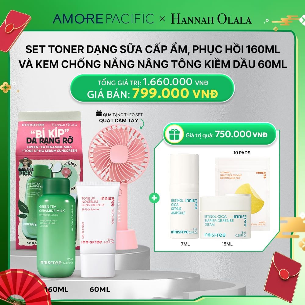  D95_DEAL 14: SET TONER DẠNG SỮA CẤP ẨM, PHỤC HỒI INNISFREE GREEN TEA CERAMIDE MILK 160ML VÀ KEM CHỐNG NẮNG NÂNG TÔNG KIỀM DẦU INNISFREE TONE UP NO SEBUM EX SPF 50+ PA++++ 60 ML 