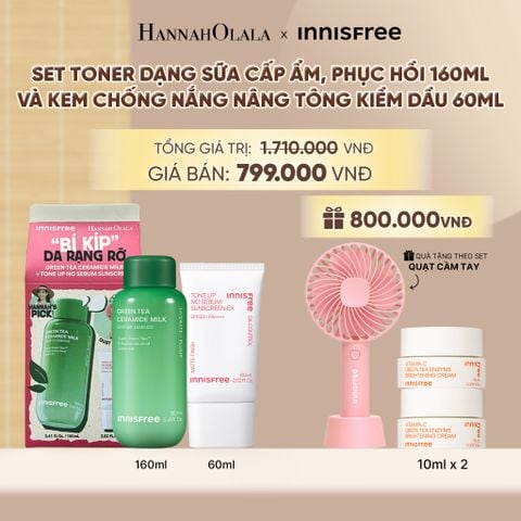  SET TONER DẠNG SỮA CẤP ẨM PHỤC HỒI INNISFREE GREEN TEA CERAMIDE MILK 160ML VÀ KEM CHỐNG NẮNG NÂNG TÔNG KIỀM DẦU INNISFREE TONE UP NO SEBUM EX SPF 50+ PA++++ 60 ML - A531 