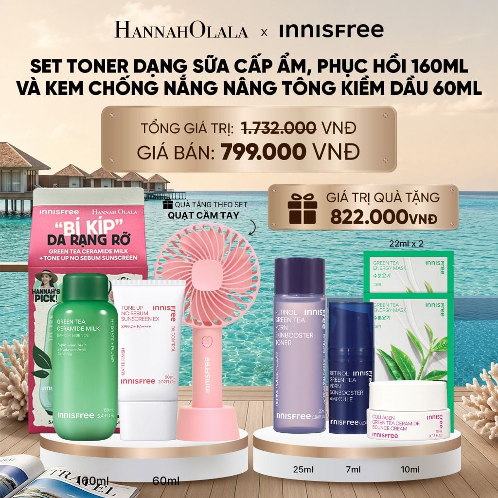  SET TONER DẠNG SỮA CẤP ẨM, PHỤC HỒI INNISFREE GREEN TEA CERAMIDE MILK 160ML VÀ KEM CHỐNG NẮNG NÂNG TÔNG KIỀM DẦU INNISFREE TONE UP NO SEBUM EX SPF 50+ PA++++ 60ML_ D797 