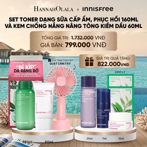  SET TONER DẠNG SỮA CẤP ẨM, PHỤC HỒI INNISFREE GREEN TEA CERAMIDE MILK 160ML VÀ KEM CHỐNG NẮNG NÂNG TÔNG KIỀM DẦU INNISFREE TONE UP NO SEBUM EX SPF 50+ PA++++ 60ML_ D797 