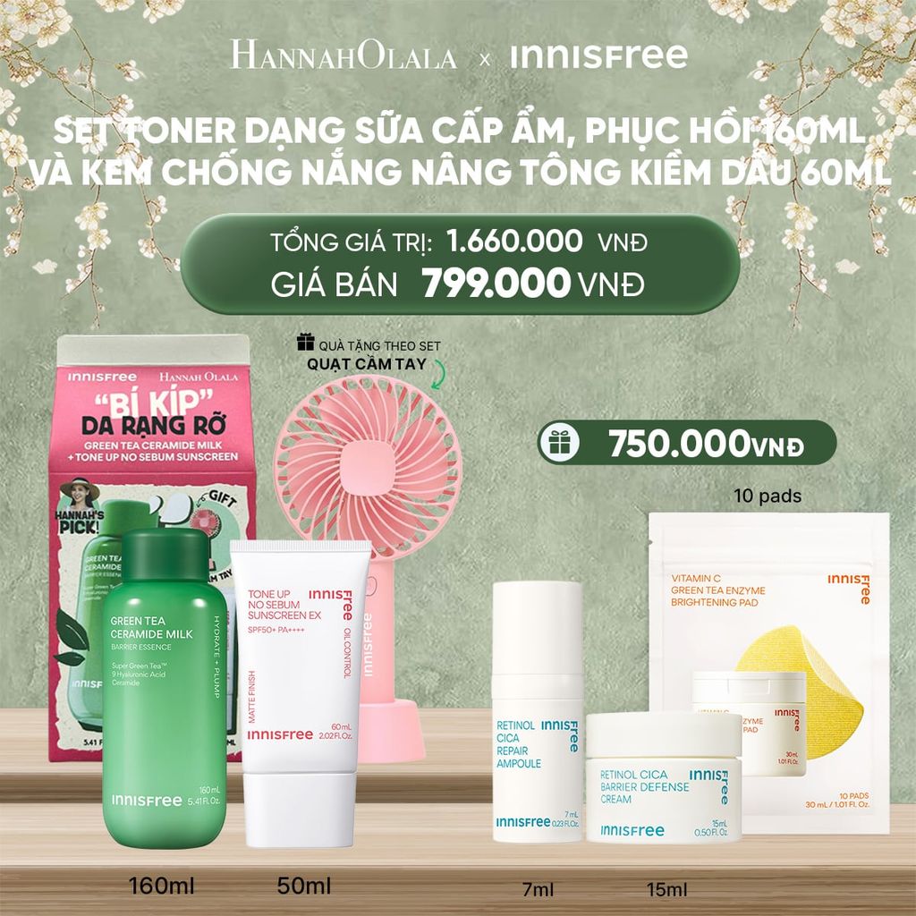  DEAL 14: SET TONER DẠNG SỮA CẤP ẨM, PHỤC HỒI INNISFREE GREEN TEA CERAMIDE MILK 160ML VÀ KEM CHỐNG NẮNG NÂNG TÔNG KIỀM DẦU INNISFREE TONE UP NO SEBUM EX SPF 50+ PA++++ 60 ML 