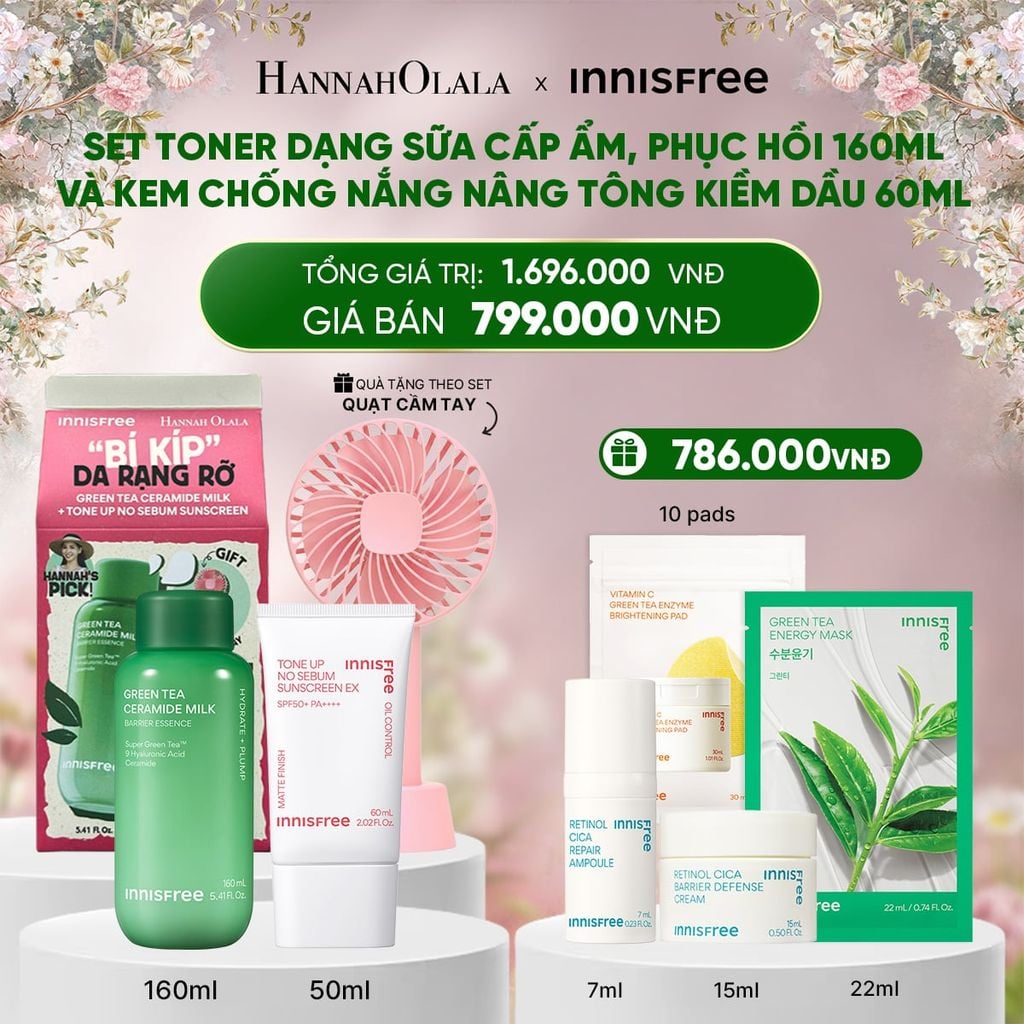  DEAL 14: SET TONER DẠNG SỮA CẤP ẨM, PHỤC HỒI INNISFREE GREEN TEA CERAMIDE MILK 160ML VÀ KEM CHỐNG NẮNG NÂNG TÔNG KIỀM DẦU INNISFREE TONE UP NO SEBUM EX SPF 50+ PA++++ 60 ML 