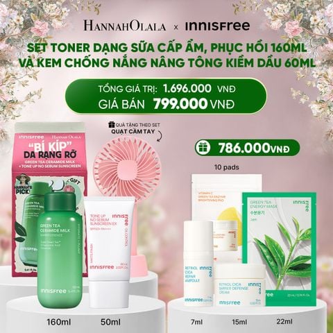  DEAL 14: SET TONER DẠNG SỮA CẤP ẨM, PHỤC HỒI INNISFREE GREEN TEA CERAMIDE MILK 160ML VÀ KEM CHỐNG NẮNG NÂNG TÔNG KIỀM DẦU INNISFREE TONE UP NO SEBUM EX SPF 50+ PA++++ 60 ML 