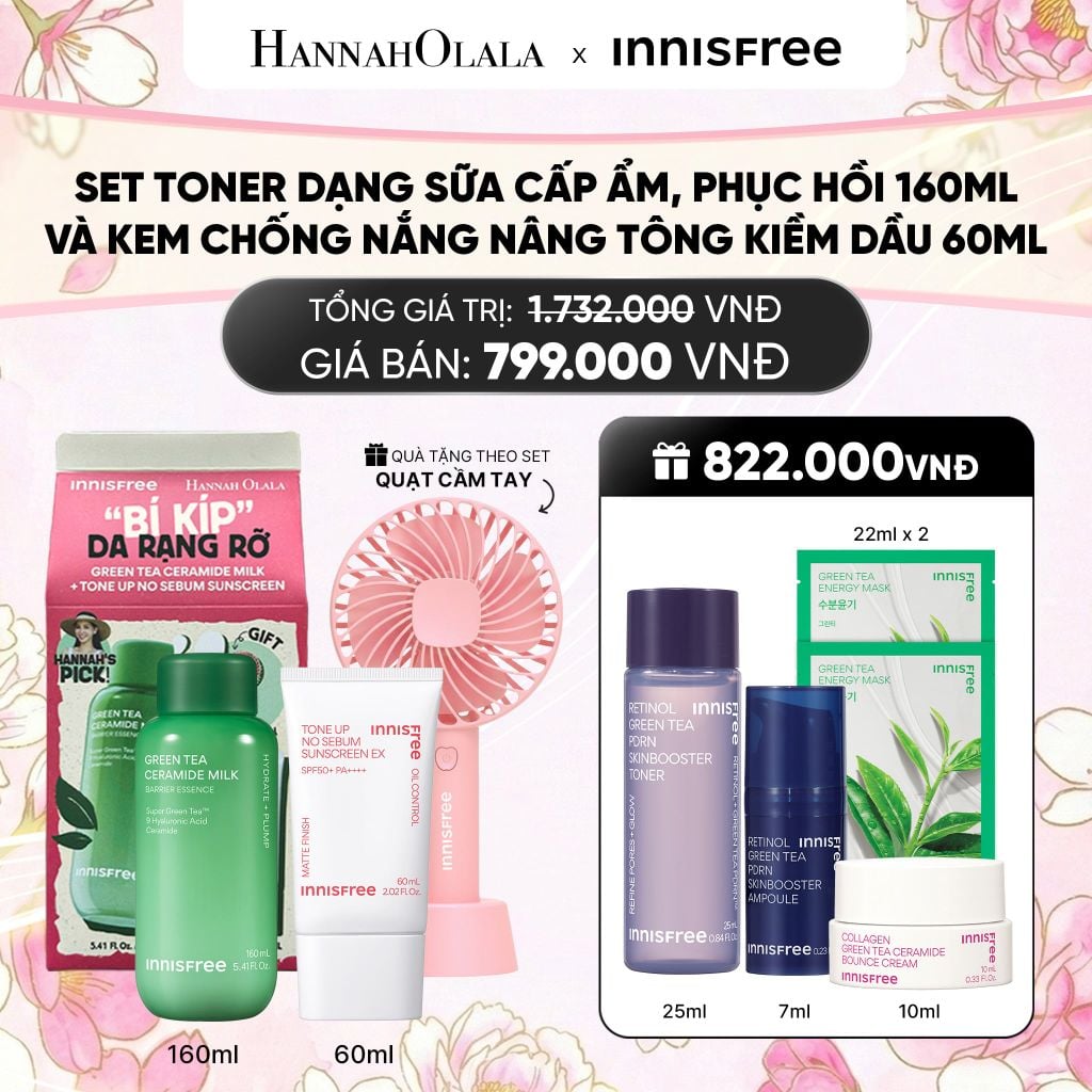  SET TONER DẠNG SỮA CẤP ẨM, PHỤC HỒI INNISFREE GREEN TEA CERAMIDE MILK 160ML VÀ KEM CHỐNG NẮNG NÂNG TÔNG KIỀM DẦU INNISFREE TONE UP NO SEBUM EX SPF 50+ PA++++ 60ML 
