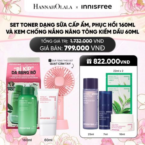  SET TONER DẠNG SỮA CẤP ẨM, PHỤC HỒI INNISFREE GREEN TEA CERAMIDE MILK 160ML VÀ KEM CHỐNG NẮNG NÂNG TÔNG KIỀM DẦU INNISFREE TONE UP NO SEBUM EX SPF 50+ PA++++ 60ML 