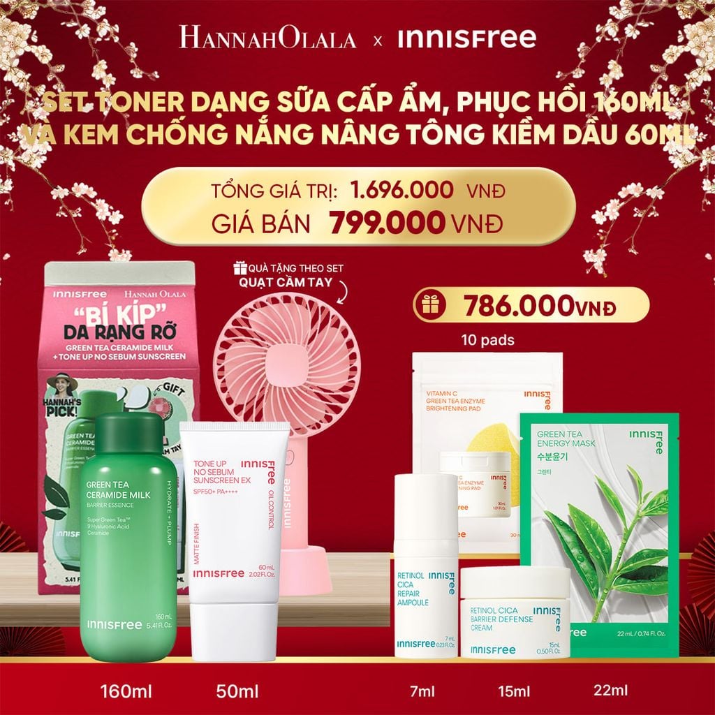  DEAL 14: SET TONER DẠNG SỮA CẤP ẨM, PHỤC HỒI INNISFREE GREEN TEA CERAMIDE MILK 160ML VÀ KEM CHỐNG NẮNG NÂNG TÔNG KIỀM DẦU INNISFREE TONE UP NO SEBUM EX SPF 50+ PA++++ 60 ML 