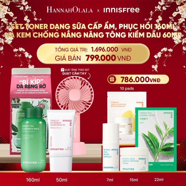  DEAL 14: SET TONER DẠNG SỮA CẤP ẨM, PHỤC HỒI INNISFREE GREEN TEA CERAMIDE MILK 160ML VÀ KEM CHỐNG NẮNG NÂNG TÔNG KIỀM DẦU INNISFREE TONE UP NO SEBUM EX SPF 50+ PA++++ 60 ML 