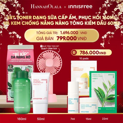  DEAL 14: SET TONER DẠNG SỮA CẤP ẨM, PHỤC HỒI INNISFREE GREEN TEA CERAMIDE MILK 160ML VÀ KEM CHỐNG NẮNG NÂNG TÔNG KIỀM DẦU INNISFREE TONE UP NO SEBUM EX SPF 50+ PA++++ 60 ML 