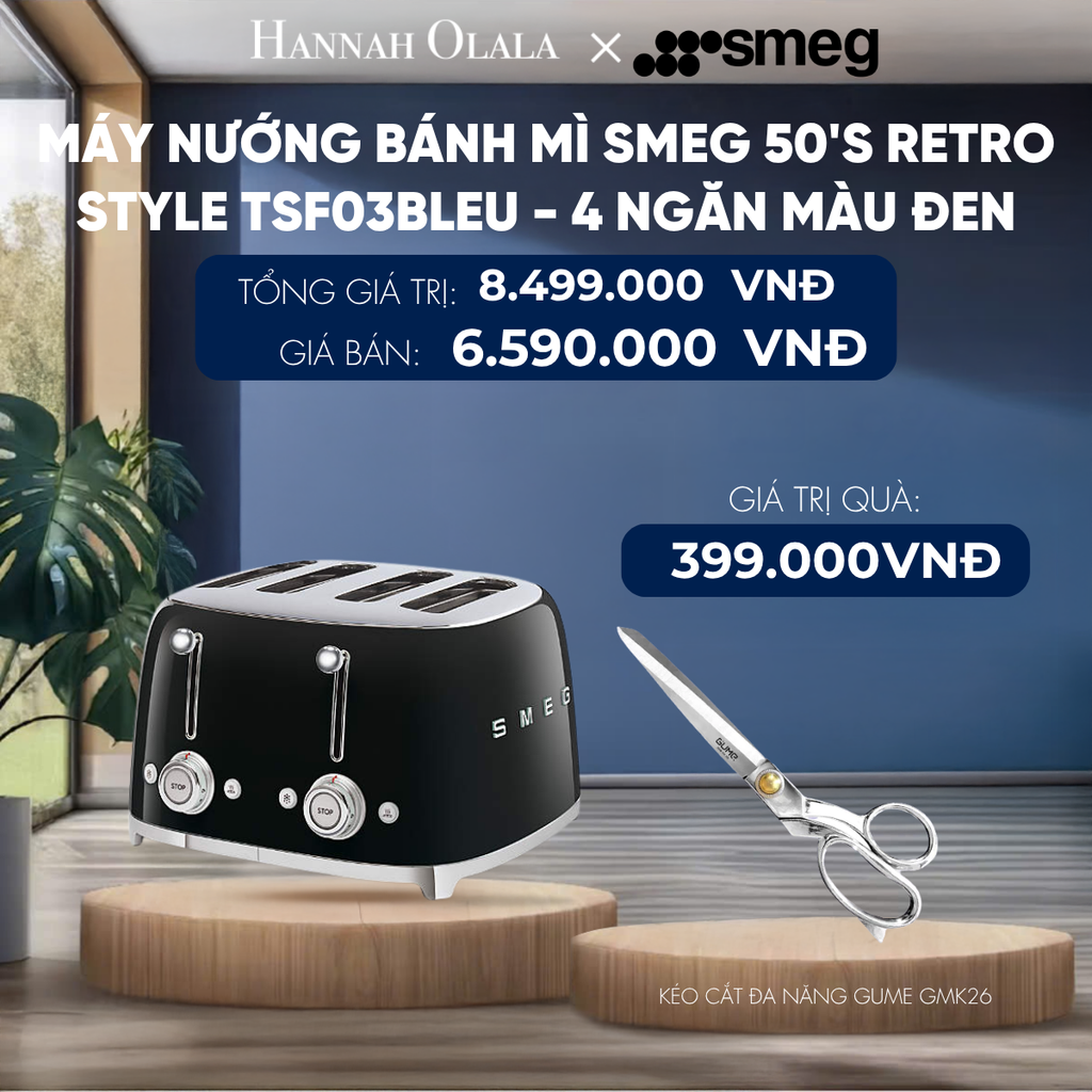  MÁY NƯỚNG BÁNH MÌ SMEG 50'S RETRO STYLE TSF03BLEU - 4 NGĂN MÀU ĐEN 