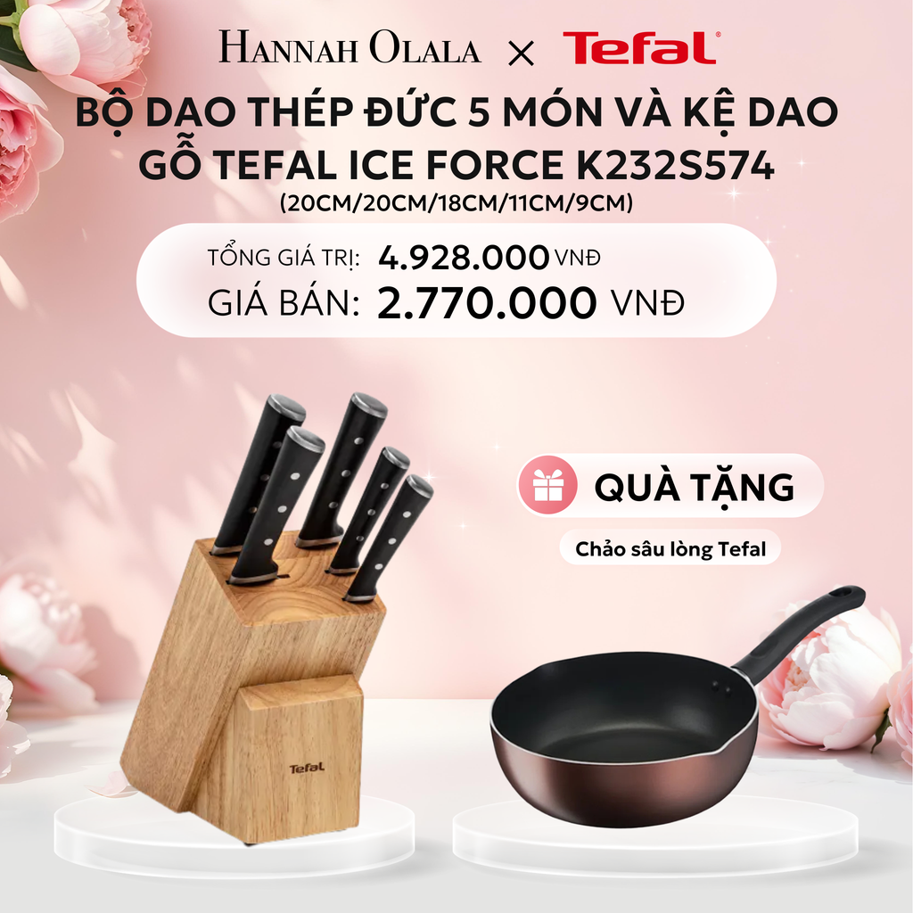  E302: DEAL 24: BỘ DAO THÉP ĐỨC 5 MÓN VÀ KỆ DAO GỖ TEFAL ICE FORCE K232S574, 20CM/20CM/18CM/11CM/9CM 