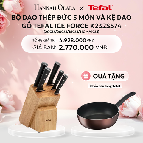  E302: DEAL 24: BỘ DAO THÉP ĐỨC 5 MÓN VÀ KỆ DAO GỖ TEFAL ICE FORCE K232S574, 20CM/20CM/18CM/11CM/9CM 