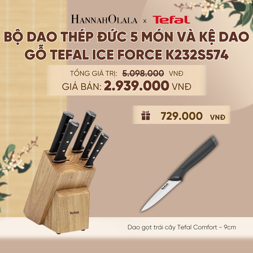  BỘ DAO THÉP ĐỨC 5 MÓN VÀ KỆ DAO GỖ TEFAL ICE FORCE K232S574, 20CM/20CM/18CM/11CM/9CM - A632 