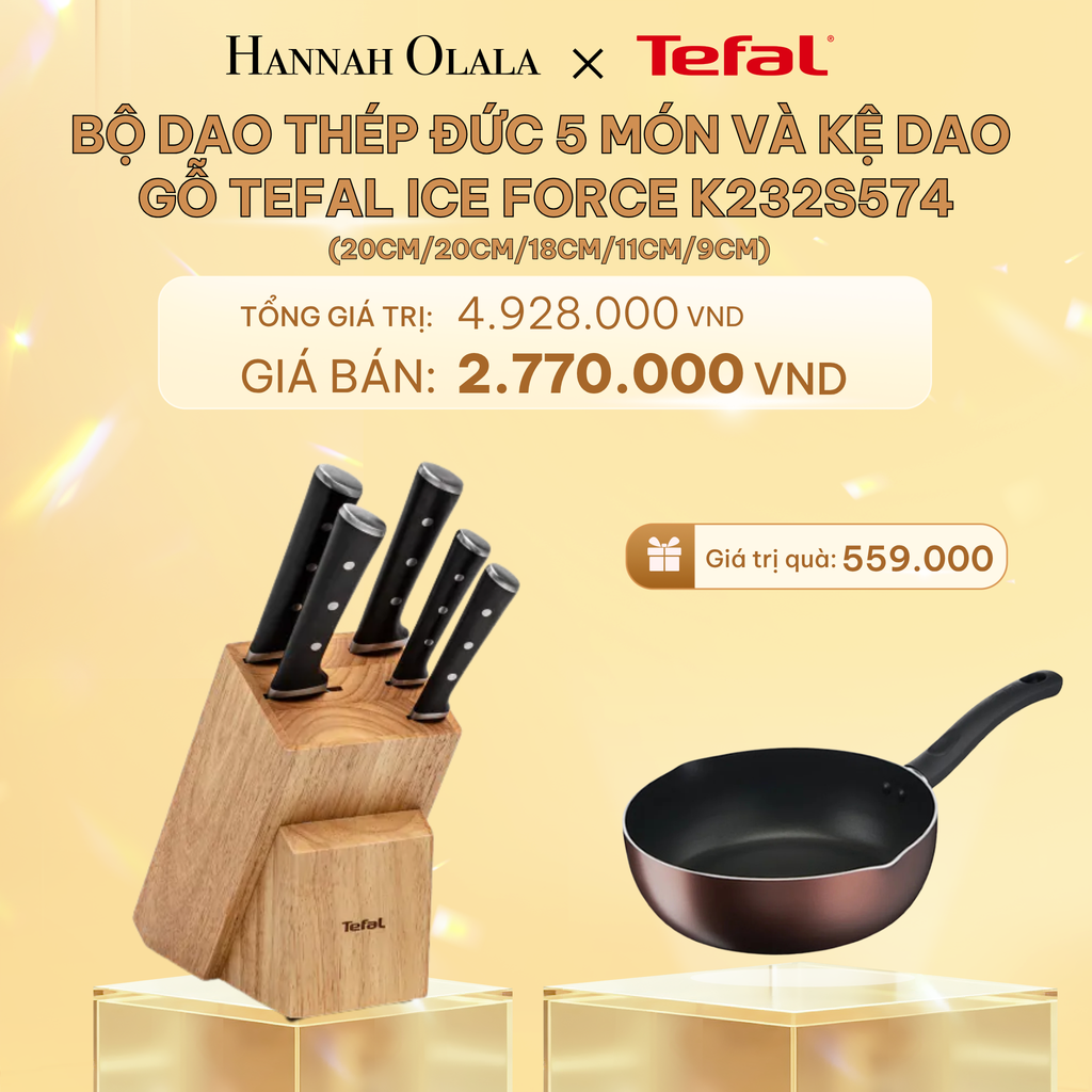  C447_DEAL 12.2: BỘ DAO THÉP ĐỨC 5 MÓN VÀ KỆ DAO GỖ TEFAL ICE FORCE K232S574, 20CM/20CM/18CM/11CM/9CM 