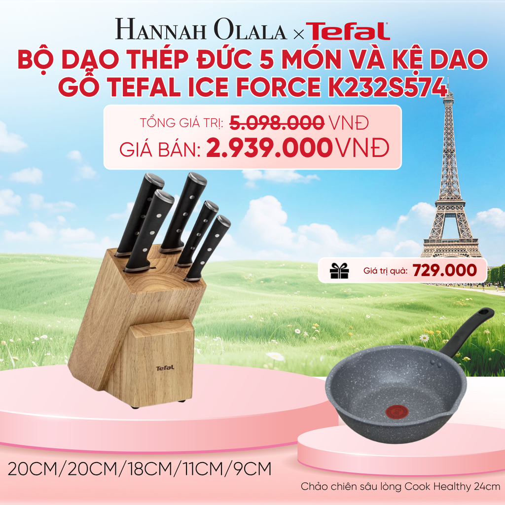  BỘ DAO THÉP ĐỨC 5 MÓN VÀ KỆ DAO GỖ TEFAL ICE FORCE K232S574, 20CM/20CM/18CM/11CM/9CM - B262 