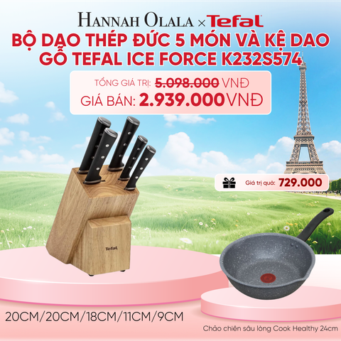  BỘ DAO THÉP ĐỨC 5 MÓN VÀ KỆ DAO GỖ TEFAL ICE FORCE K232S574, 20CM/20CM/18CM/11CM/9CM - B262 