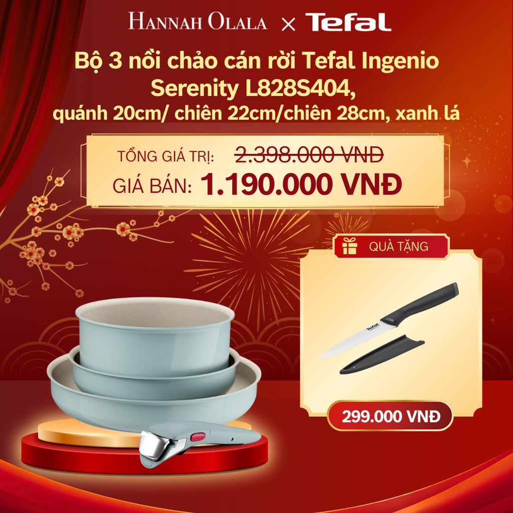  DEAL 13: BỘ 3 NỒI CHẢO CÁN RỜI TEFAL INGENIO SERENITY L827S404, QUÁNH 20CM/ CHIÊN 22CM/CHIÊN 28CM 