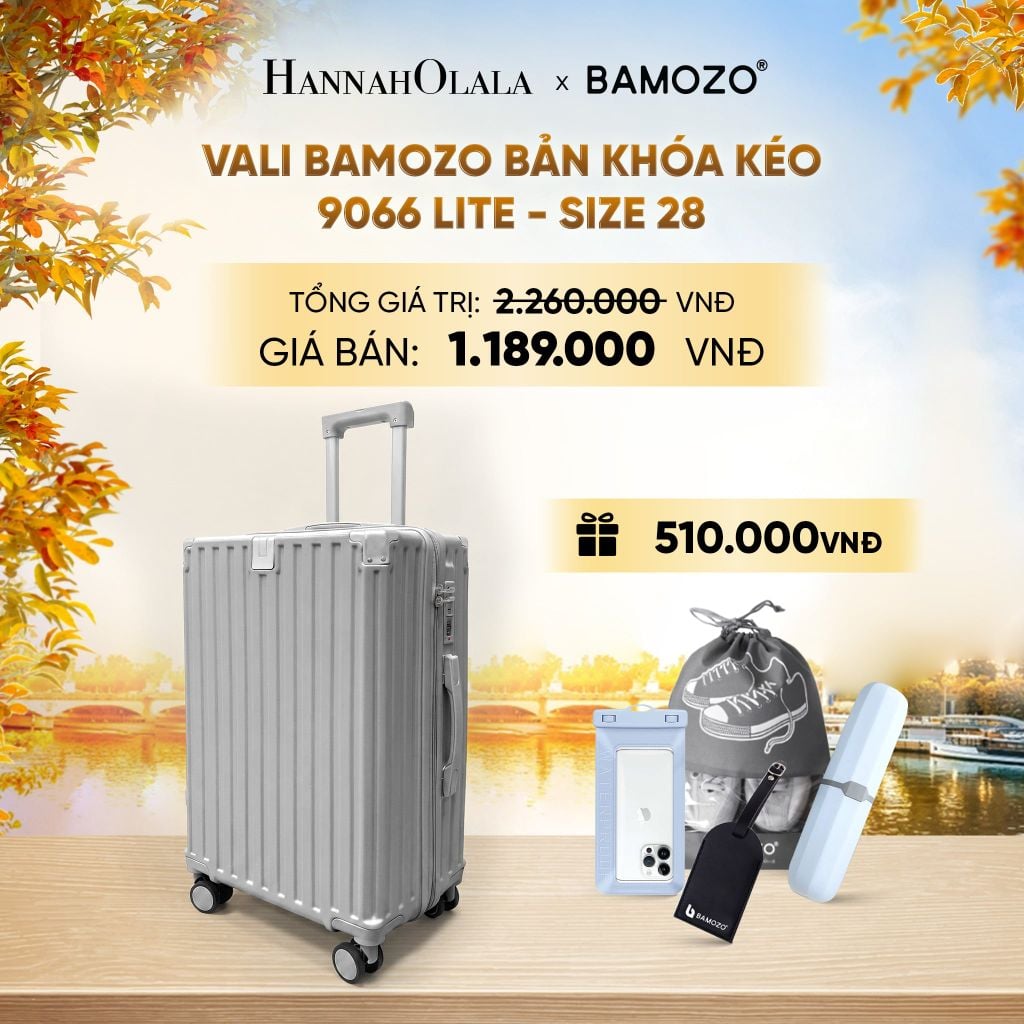  DEAL 12: VALI BAMOZO 9066 LITE CAO CẤP BẢN KHÓA KÉO ( (TẶNG TAG VALI DA + TÚI ĐỰNG ĐIỆN THOẠI CHỐNG NƯỚC + TÚI ĐỰNG GIÀY + HỘP ĐỰNG BÀN CHẢI) - E1954 