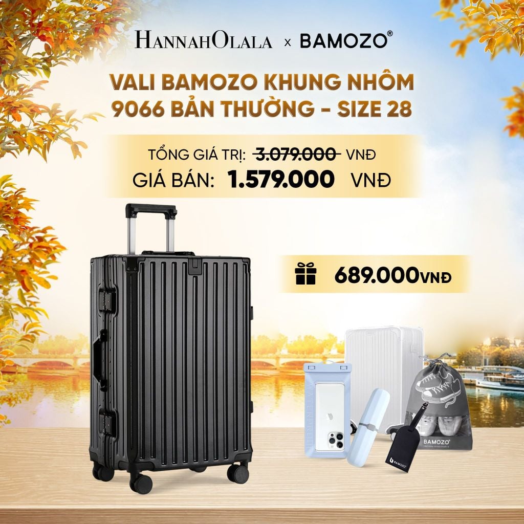  DEAL 3: VALI BAMOZO KHUNG NHÔM 9066 BẢN THƯỜNG (TẶNG BỌC VALI TRONG SUỐT + TAG HÀNH LÝ DA + TÚI ĐỰNG GIÀY + HỘP ĐỰNG BÀN CHẢI + TÚI ĐỰNG ĐIỆN THOẠI CHỐNG NƯỚC) - E1253 