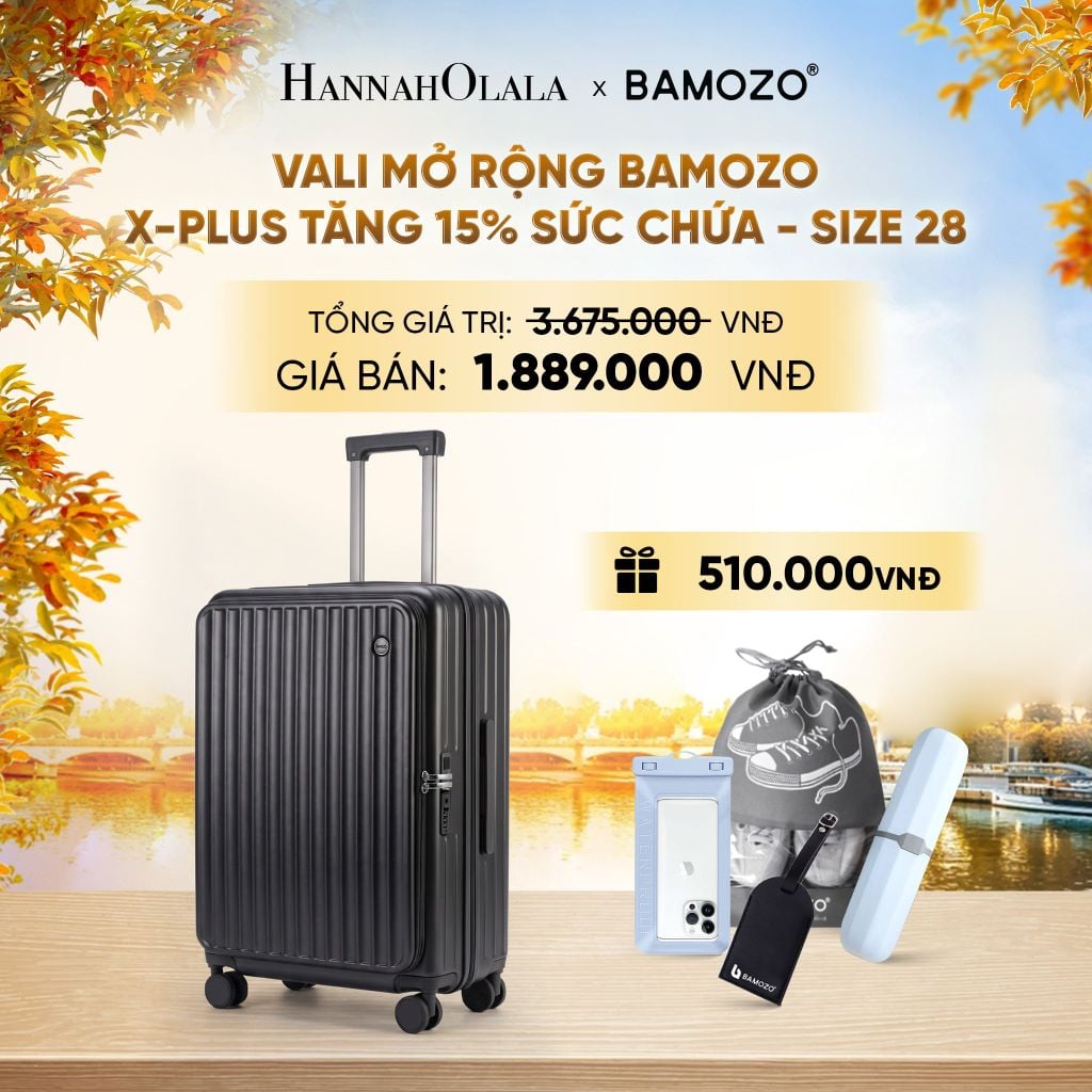  DEAL 10: VALI MỞ RỘNG BAMOZO X-PLUS TĂNG 15% SỨC CHỨA, NHỰA PC NGUYÊN KHỐI ( (TẶNG TAG VALI DA + TÚI ĐỰNG ĐIỆN THOẠI CHỐNG NƯỚC + TÚI ĐỰNG GIÀY + HỘP ĐỰNG BÀN CHẢI) - E1935 