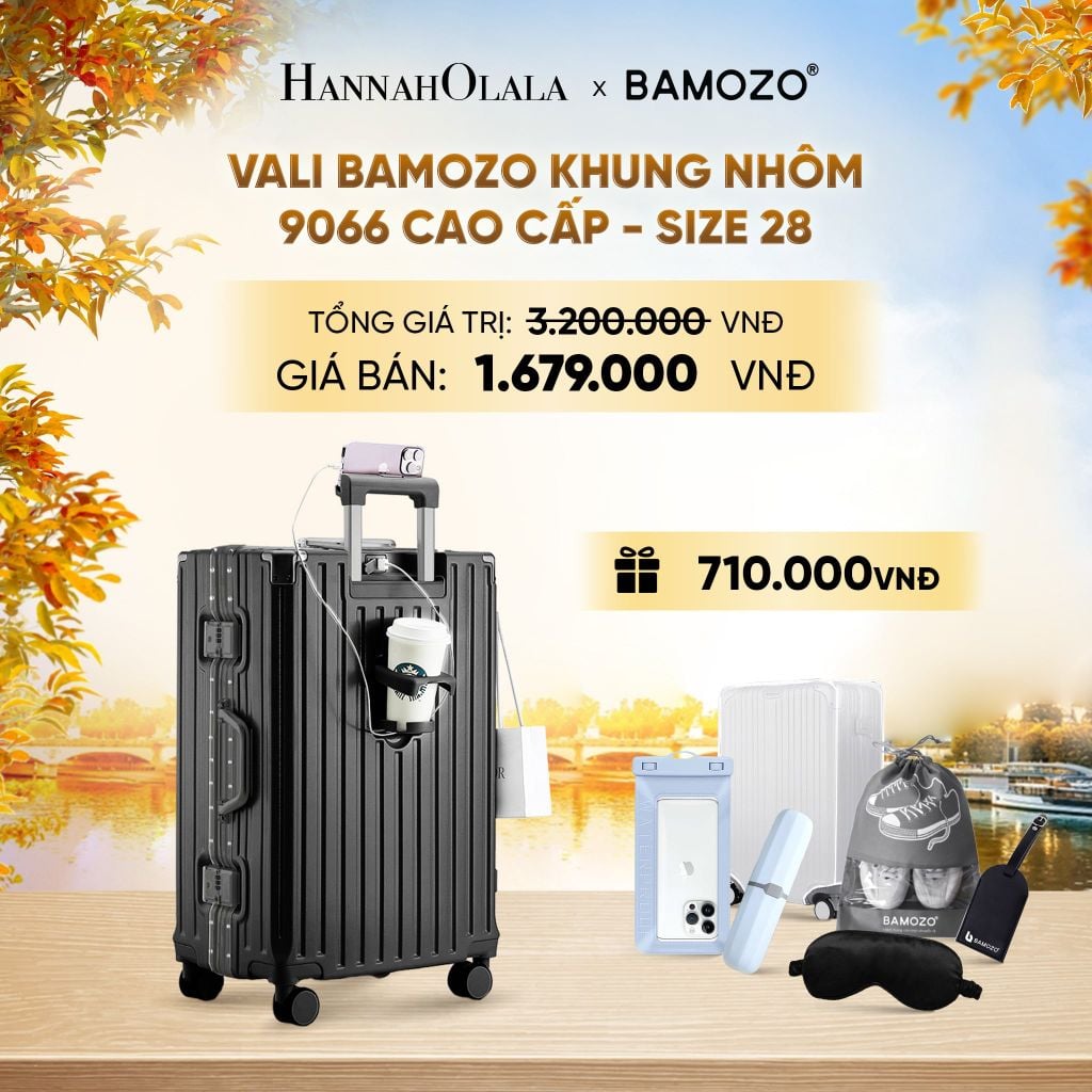  DEAL 2: VALI BAMOZO KHUNG NHÔM 9066 BẢN CAO CẤP (TẶNG BỌC VALI CC TRONG SUỐT + HỘP ĐỰNG BÀN CHẢI + TÚI ĐỰNG GIÀY XÁM + TÚI ĐỰNG ĐIỆN THOẠI CHỐNG NƯỚC + BỊT MẮT) - E1988 