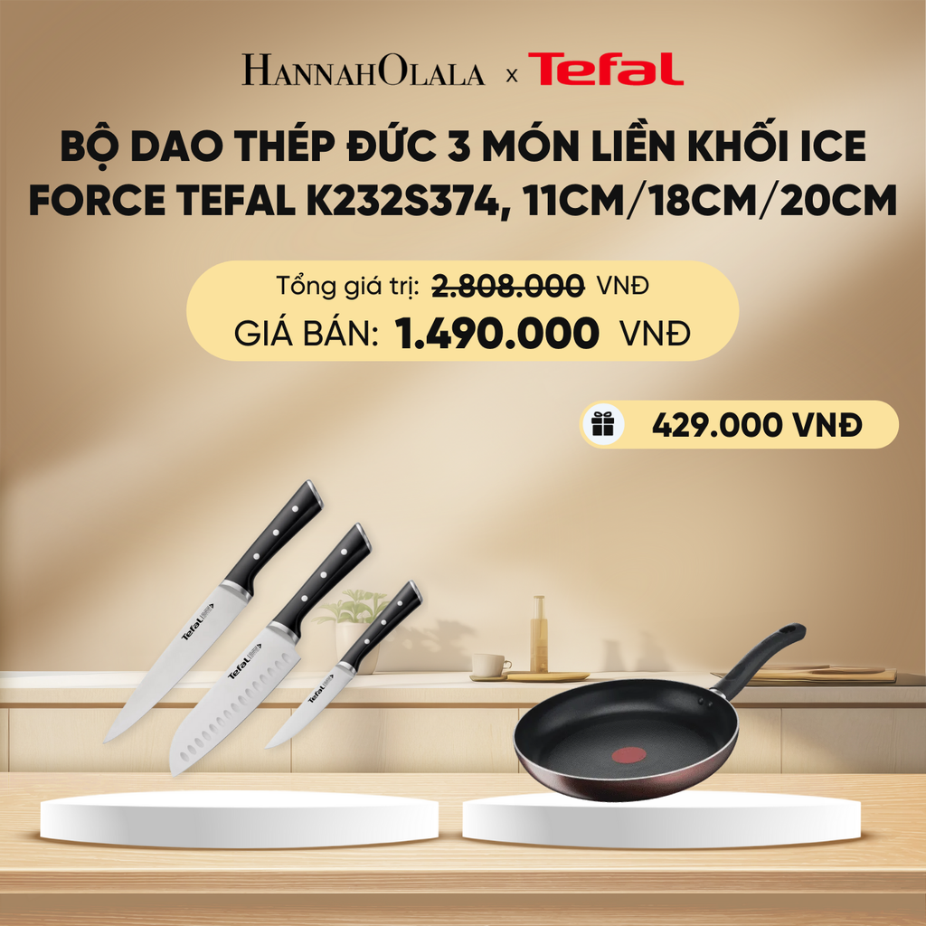  DEAL 14.1: BỘ DAO THÉP ĐỨC 3 MÓN LIỀN KHỐI ICE FORCE TEFAL K232S374, 11CM/18CM/20CM 