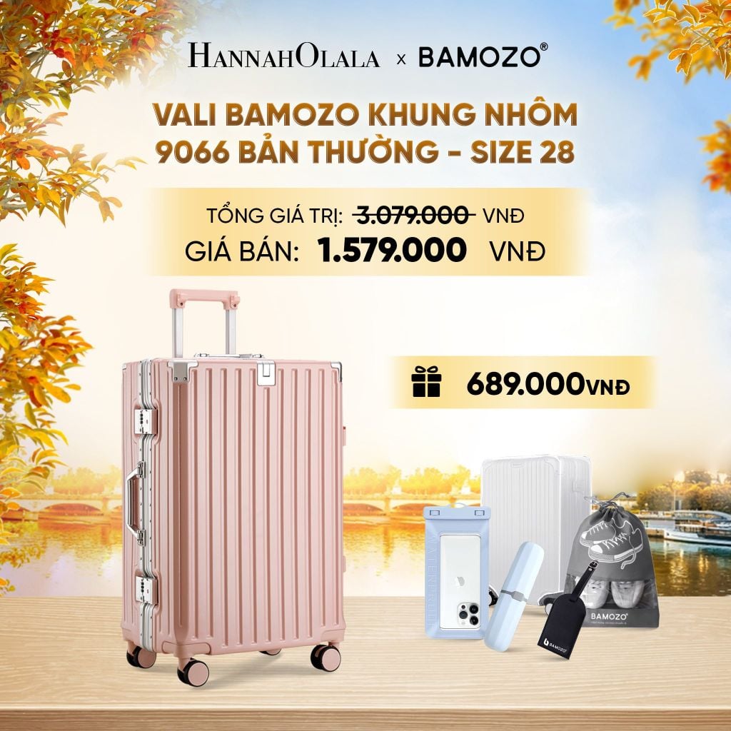  DEAL 3: VALI BAMOZO KHUNG NHÔM 9066 BẢN THƯỜNG (TẶNG BỌC VALI TRONG SUỐT + TAG HÀNH LÝ DA + TÚI ĐỰNG GIÀY + HỘP ĐỰNG BÀN CHẢI + TÚI ĐỰNG ĐIỆN THOẠI CHỐNG NƯỚC) - E1253 