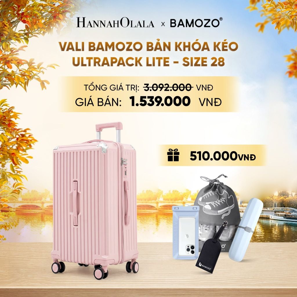  DEAL 11: VALI BAMOZO ULTRAPACK LITE CAO CẤP BẢN KHÓA KÉO ( (TẶNG TAG VALI DA + TÚI ĐỰNG ĐIỆN THOẠI CHỐNG NƯỚC + TÚI ĐỰNG GIÀY + HỘP ĐỰNG BÀN CHẢI) - E1942 