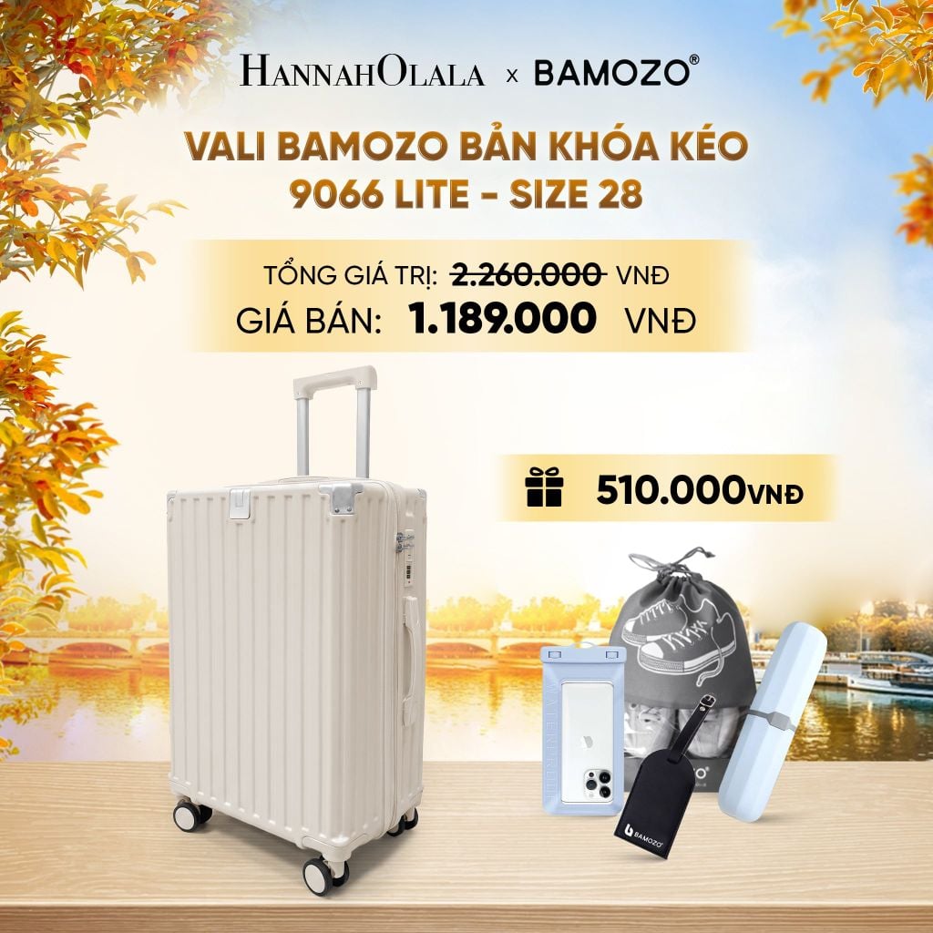  DEAL 12: VALI BAMOZO 9066 LITE CAO CẤP BẢN KHÓA KÉO ( (TẶNG TAG VALI DA + TÚI ĐỰNG ĐIỆN THOẠI CHỐNG NƯỚC + TÚI ĐỰNG GIÀY + HỘP ĐỰNG BÀN CHẢI) - E1954 