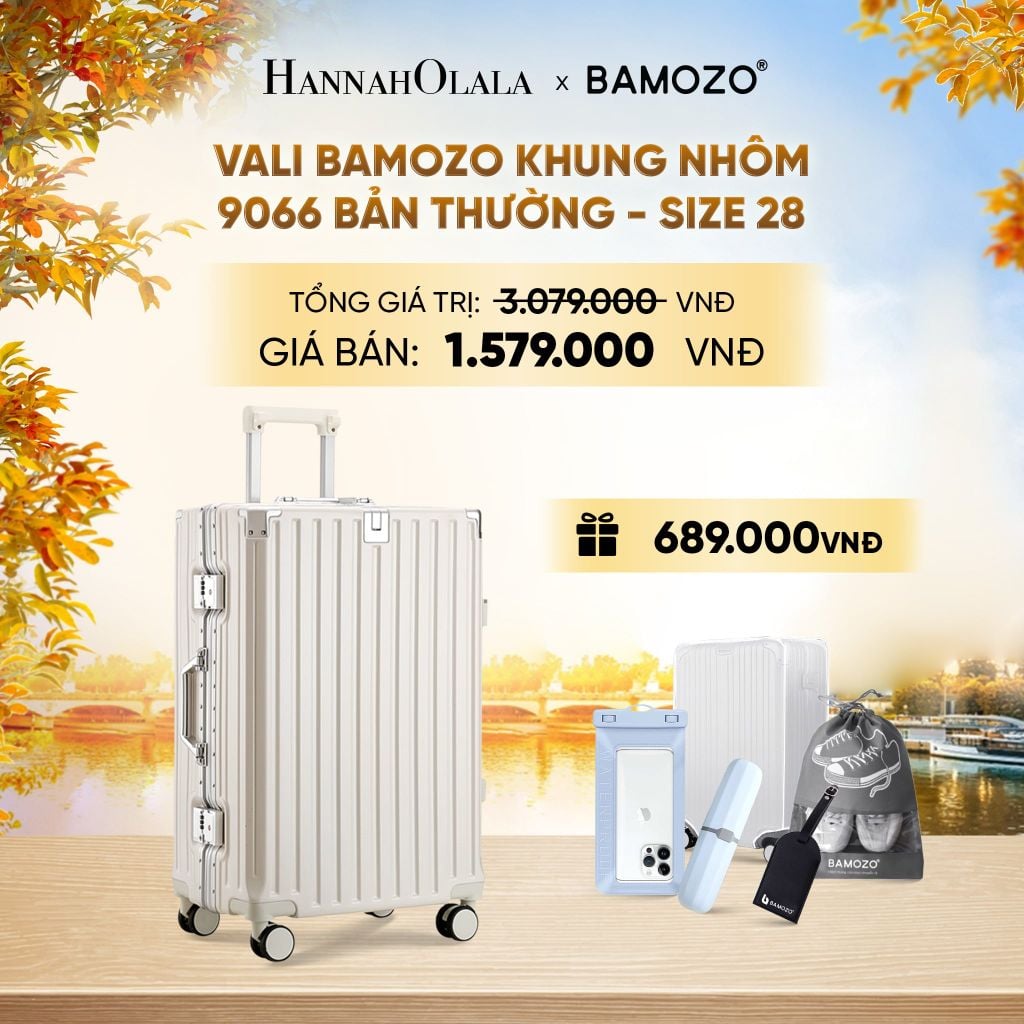  DEAL 3: VALI BAMOZO KHUNG NHÔM 9066 BẢN THƯỜNG (TẶNG BỌC VALI TRONG SUỐT + TAG HÀNH LÝ DA + TÚI ĐỰNG GIÀY + HỘP ĐỰNG BÀN CHẢI + TÚI ĐỰNG ĐIỆN THOẠI CHỐNG NƯỚC) - E1253 