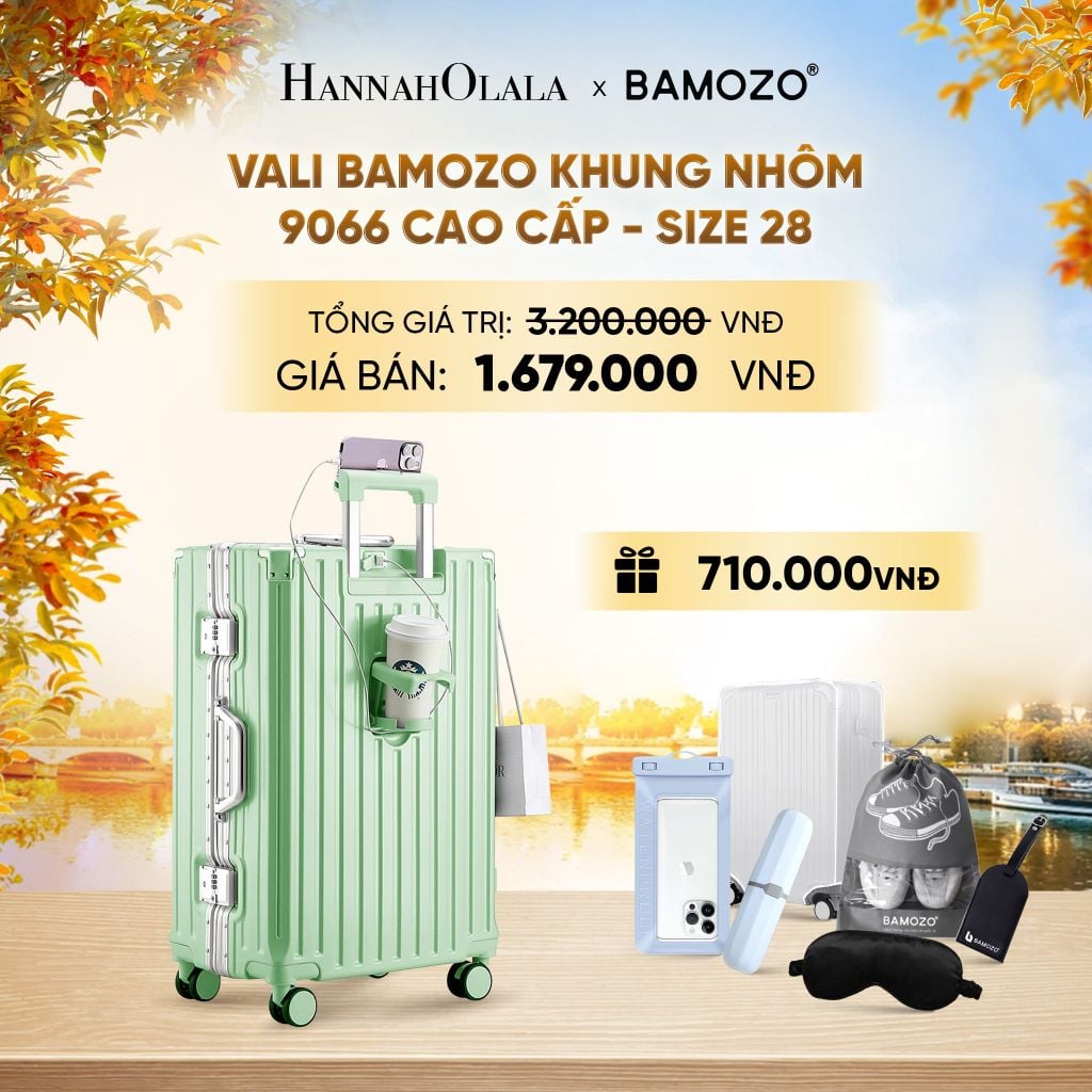  DEAL 2: VALI BAMOZO KHUNG NHÔM 9066 BẢN CAO CẤP (TẶNG BỌC VALI CC TRONG SUỐT + HỘP ĐỰNG BÀN CHẢI + TÚI ĐỰNG GIÀY XÁM + TÚI ĐỰNG ĐIỆN THOẠI CHỐNG NƯỚC + BỊT MẮT) - E1988 