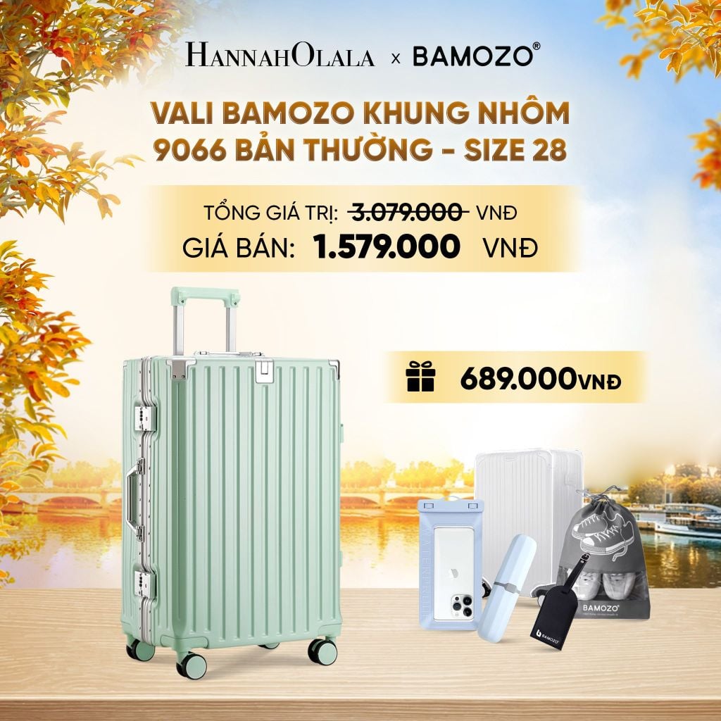  DEAL 3: VALI BAMOZO KHUNG NHÔM 9066 BẢN THƯỜNG (TẶNG BỌC VALI TRONG SUỐT + TAG HÀNH LÝ DA + TÚI ĐỰNG GIÀY + HỘP ĐỰNG BÀN CHẢI + TÚI ĐỰNG ĐIỆN THOẠI CHỐNG NƯỚC) - E1253 