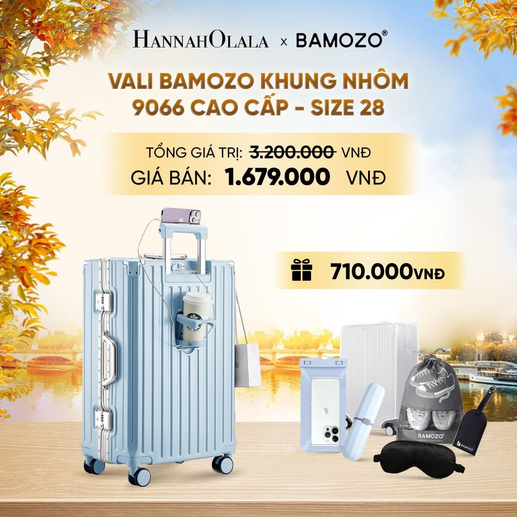  DEAL 2: VALI BAMOZO KHUNG NHÔM 9066 BẢN CAO CẤP (TẶNG BỌC VALI CC TRONG SUỐT + HỘP ĐỰNG BÀN CHẢI + TÚI ĐỰNG GIÀY XÁM + TÚI ĐỰNG ĐIỆN THOẠI CHỐNG NƯỚC + BỊT MẮT) - E1988 