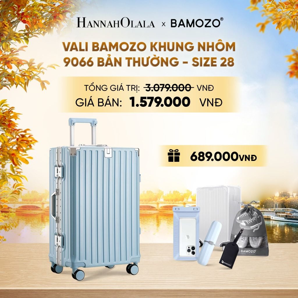  DEAL 3: VALI BAMOZO KHUNG NHÔM 9066 BẢN THƯỜNG (TẶNG BỌC VALI TRONG SUỐT + TAG HÀNH LÝ DA + TÚI ĐỰNG GIÀY + HỘP ĐỰNG BÀN CHẢI + TÚI ĐỰNG ĐIỆN THOẠI CHỐNG NƯỚC) - E1253 