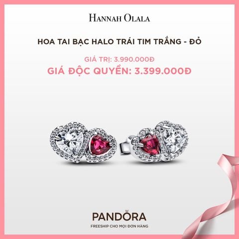  A59_DEAL 52: BÔNG TAI PANDORA BẠC HALO TRÁI TIM TRẮNG - ĐỎ 