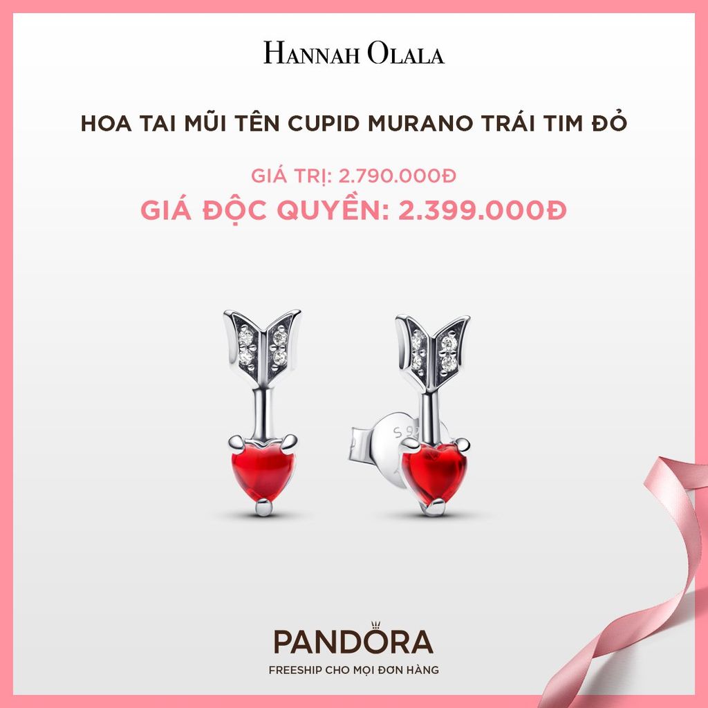  A60_DEAL 53: BÔNG TAI PANDORA MŨI TÊN CUPID MURANO TRÁI TIM ĐỎ 