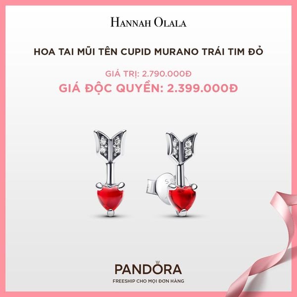  A60_DEAL 53: BÔNG TAI PANDORA MŨI TÊN CUPID MURANO TRÁI TIM ĐỎ 