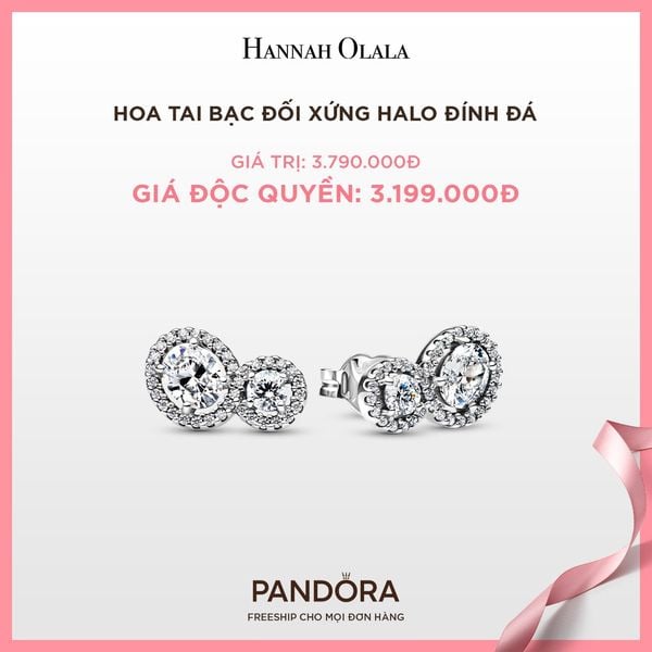  A61_DEAL 54: BÔNG TAI PANDORA BẠC ĐỐI XỨNG HALO ĐÍNH ĐÁ 