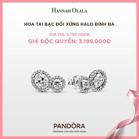  A61_DEAL 54: BÔNG TAI PANDORA BẠC ĐỐI XỨNG HALO ĐÍNH ĐÁ 