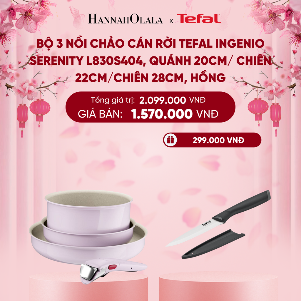  DEAL 12: BỘ 3 NỒI CHẢO CÁN RỜI TEFAL INGENIO SERENITY L827S404, QUÁNH 20CM/ CHIÊN 22CM/CHIÊN 28CM 