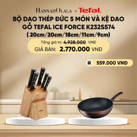  DEAL 14.2: BỘ DAO THÉP ĐỨC 5 MÓN VÀ KỆ DAO GỖ TEFAL ICE FORCE K232S574, 20CM/20CM/18CM/11CM/9CM 