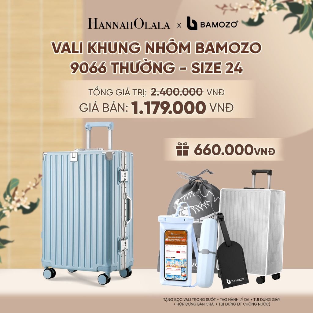  VALI BAMOZO KHUNG NHÔM 9066 BẢN THƯỜNG (TẶNG BỌC VALI TRONG SUỐT + TAG HÀNH LÝ DA + TÚI ĐỰNG GIÀY + HỘP ĐỰNG BÀN CHẢI + TÚI ĐỰNG ĐT CHỐNG NƯỚC) - A2530 