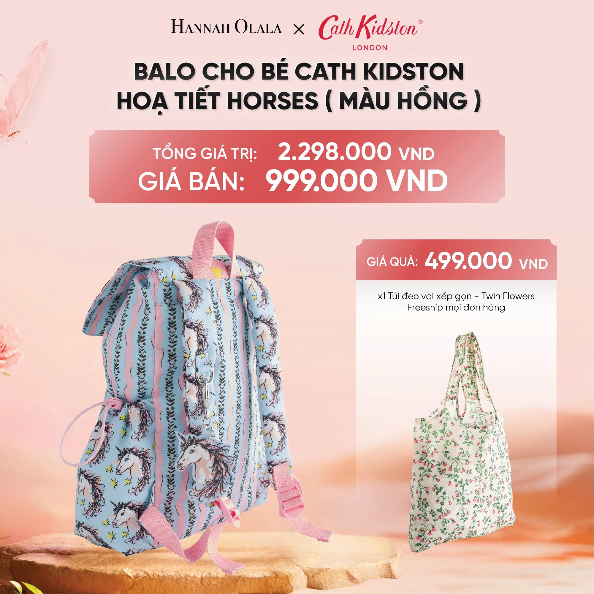  DEAL 2: BALO CHO BÉ ĐI HỌC CATH KIDSTON HOẠ TIẾT VẼ TAY - NGỰA HỒNG 