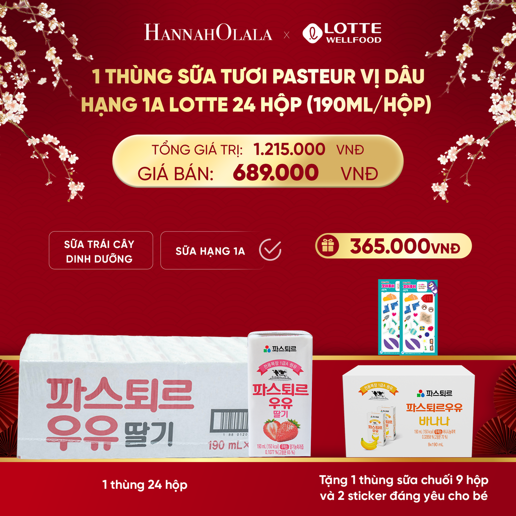  DEAL 2: 1 THÙNG SỮA TƯƠI PASTEUR VỊ DÂU HẠNG 1A LOTTE 24 HỘP (190ml/hộp) TẶNG 1 THÙNG SỮA TƯƠI PASTEUR VỊ CHUỐI HẠNG 1A LOTTE 9 HỘP VÀ 2 STICKER ĐÁNG YÊU CHO BÉ 
