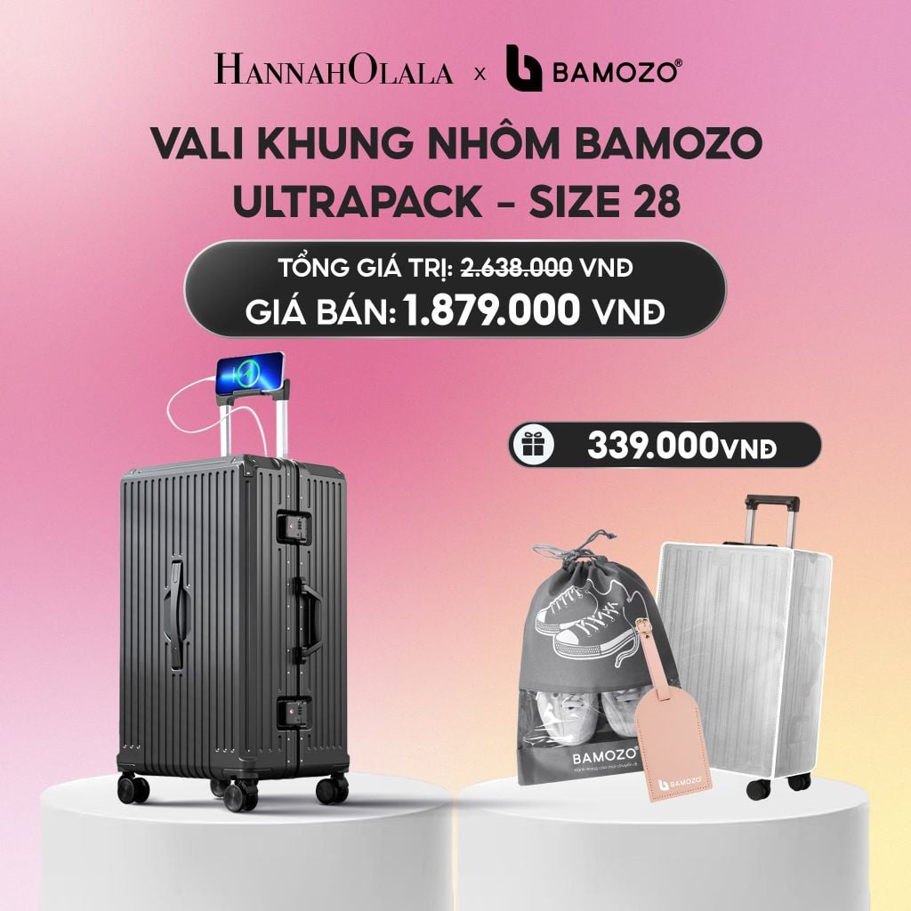  VALI BAMOZO KHUNG NHÔM ULTRAPACK CAO CẤP (TẶNG BỌC VALI CC TRONG SUỐT + THẺ TAG DA CHỐNG THẤT LẠC + TÚI ĐỰNG GIÀY)_A2213 
